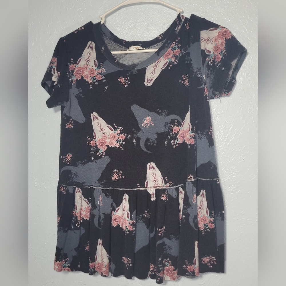 Black Jodifl T-Shirt with Skull and Floral Design